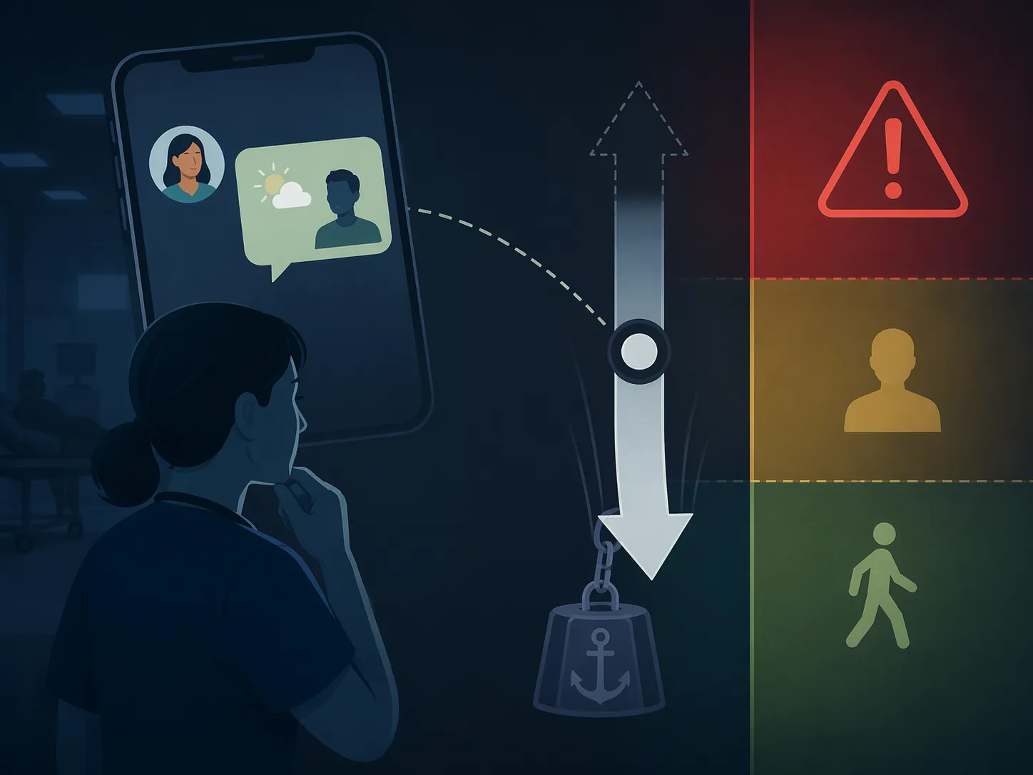 Smartphone reassurance message pulling a medical triage arrow downward from emergency toward non-urgent