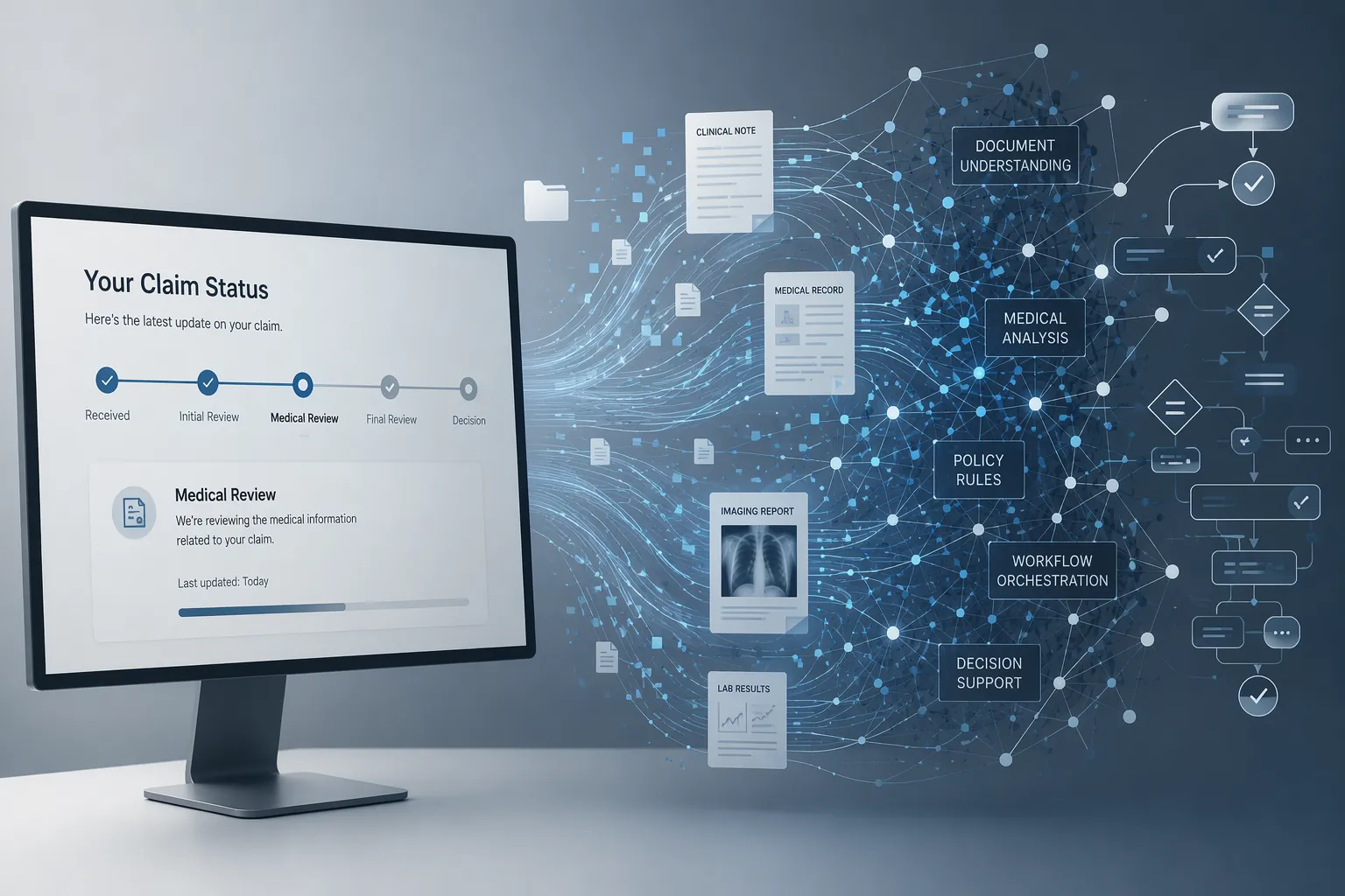 Government-style online status tracker on a monitor with abstract data streams and document fragments behind it