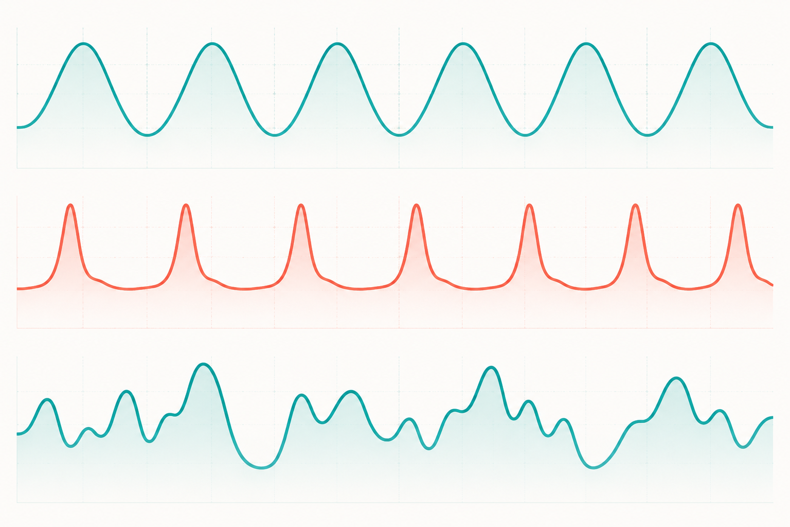 Three stacked abstract waveform patterns suggesting different physiological signal shapes
