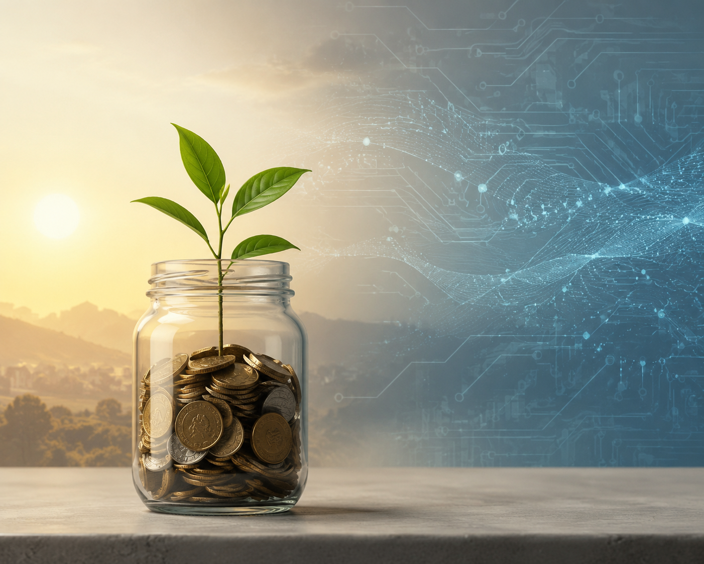 Glass jar of coins with a sprout beside abstract digital patterns suggesting automation and economic security