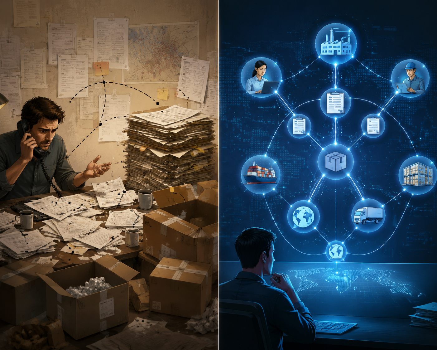 Comparison of manual recall work with phone calls and paper manifests versus an AI-assisted network map of supplier records, batch identifiers, and shipping data