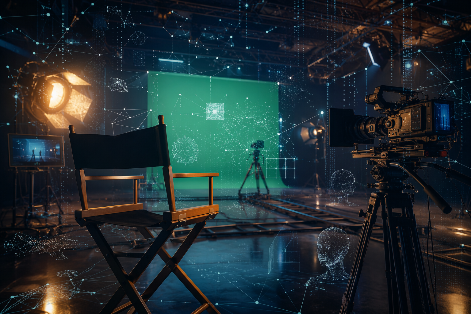 Controlled soundstage film set with cinema cameras, lighting rigs, green screen, and digital data overlays