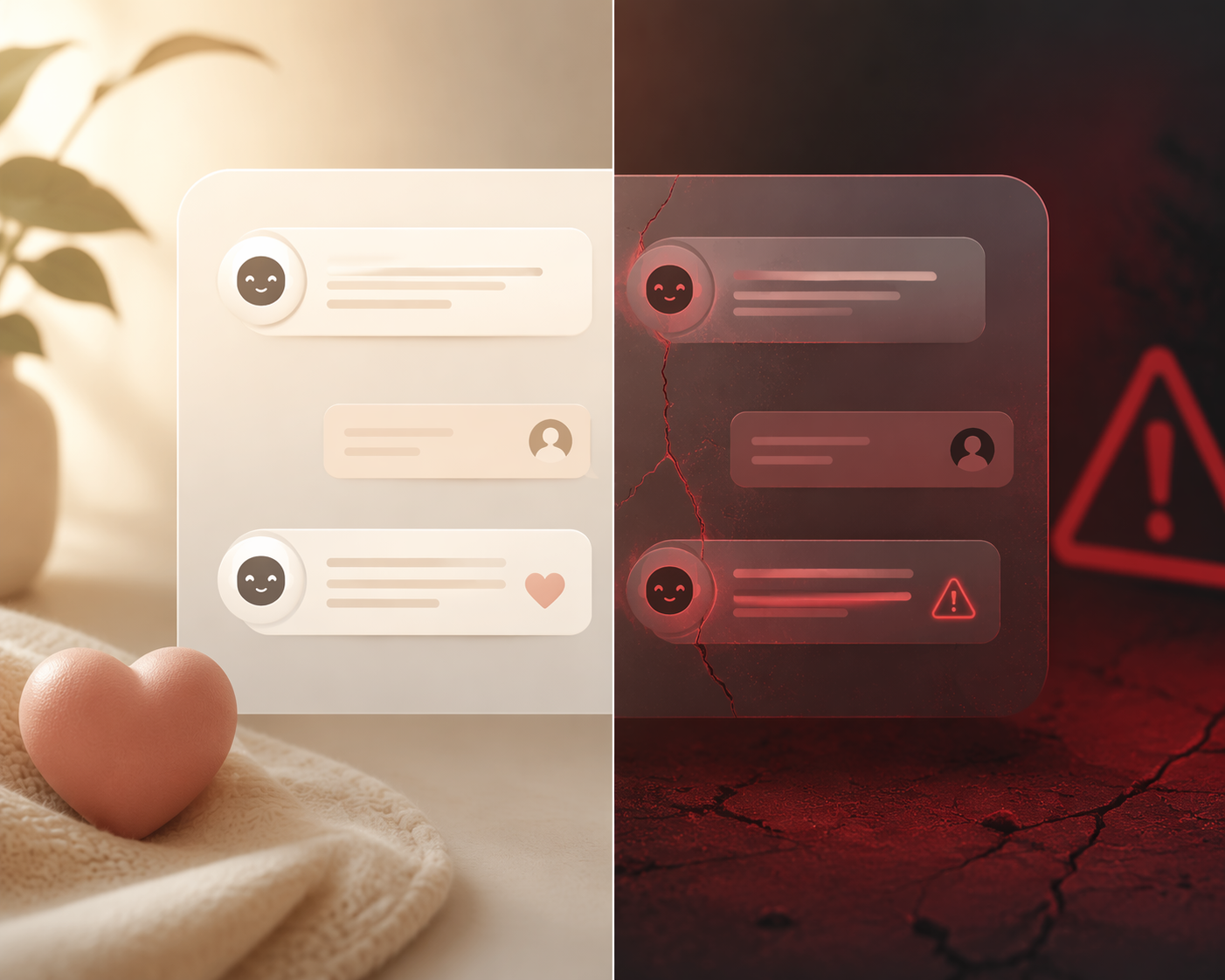 Split image contrasting a warm chatbot interface with a cracked warning-lit version suggesting hidden clinical risk