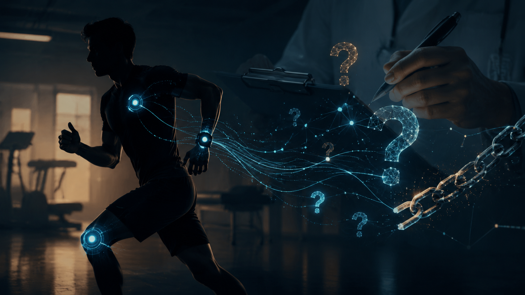 Athlete silhouette with wearable sensor nodes sending data streams into question marks in a dim training room