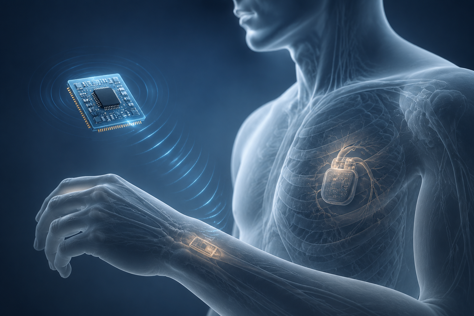 Tiny analog AI semiconductor chip connected to wearable and implantable medical monitoring devices