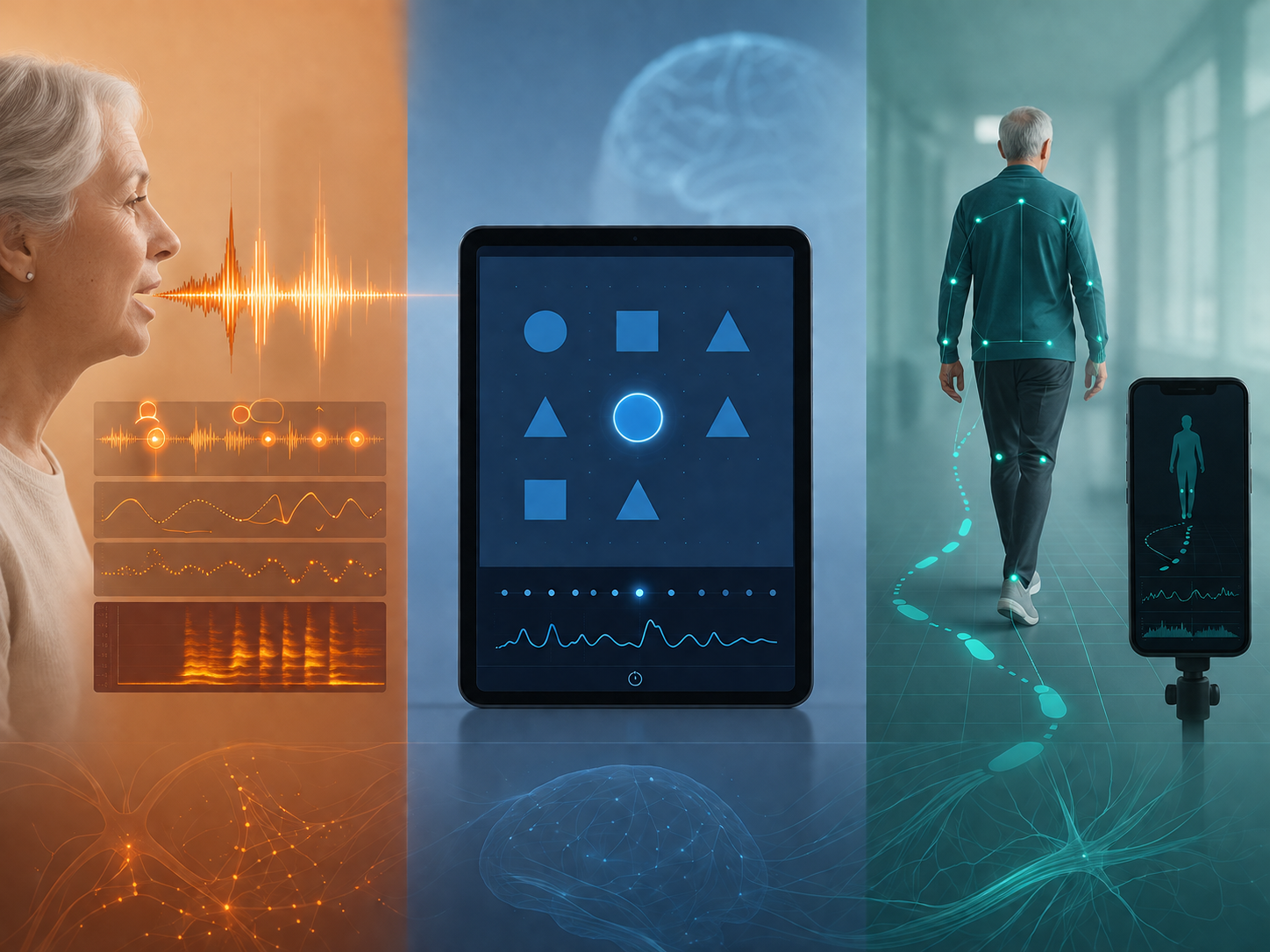 Three AI screening panels showing speech waves, tablet cognitive testing, and smartphone gait tracking