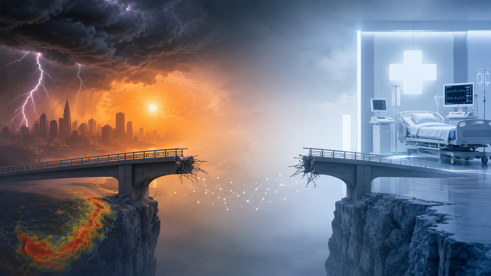 Conceptual split image of severe weather and hospital monitoring connected by an unfinished bridge
