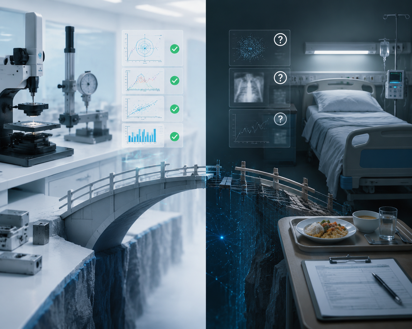 Split visual contrasting high-precision AI benchmarks with a clinical hospital setting connected by an unfinished bridge