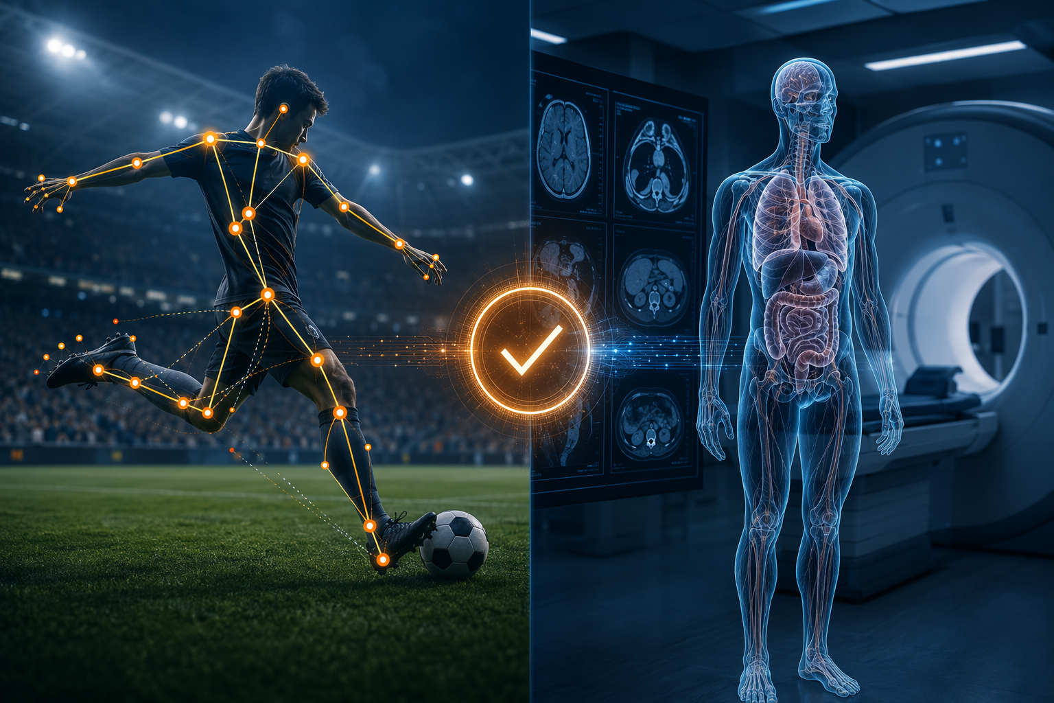Soccer skeletal tracking overlay beside a medical CT-style anatomy scan with a validation checkpoint between them