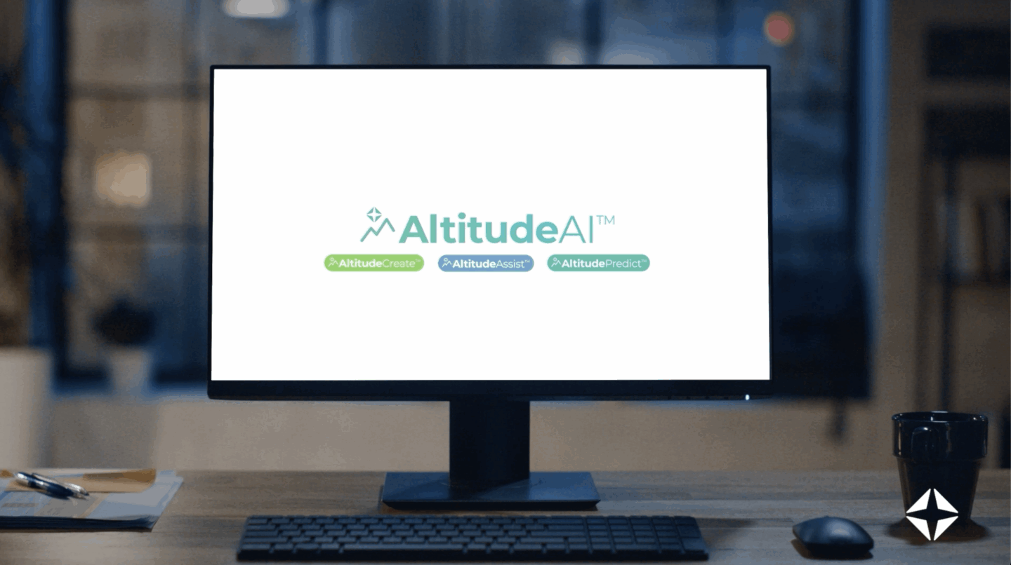 Waystar AltitudeAI platform branding and product interface on a dark-themed digital display