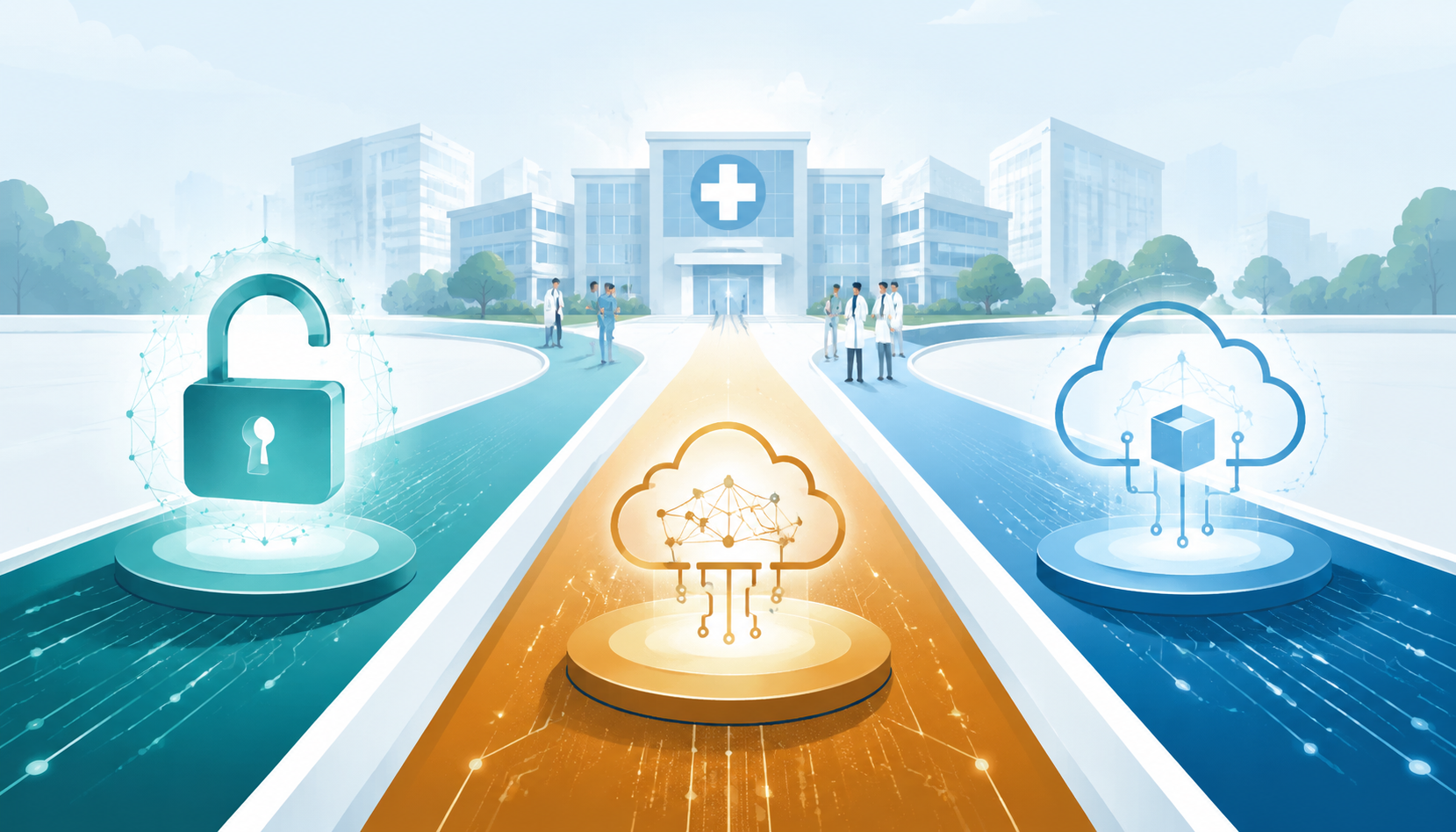 Three AI deployment pathways for Kimi K3, Claude, and ChatGPT converging toward a healthcare facility