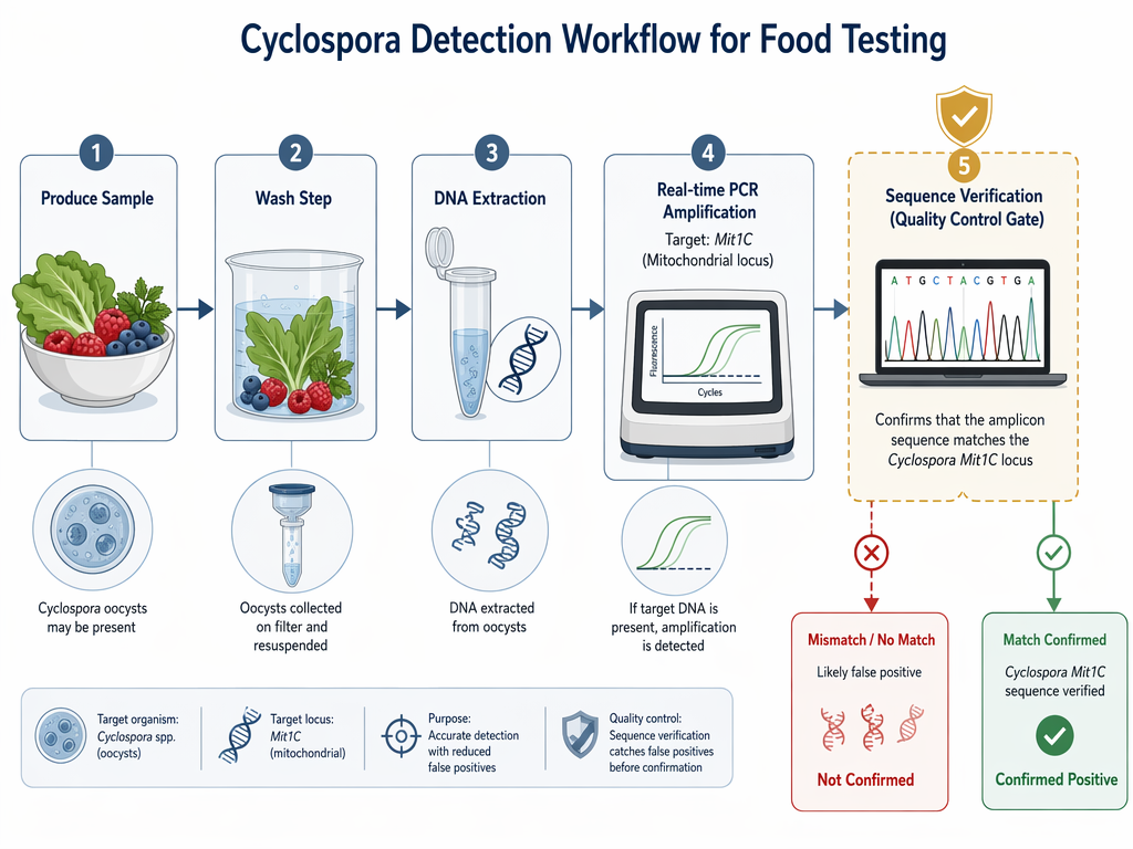 A flowchart showing produce testing from sample to PCR to a sequence-verification quality-control gate