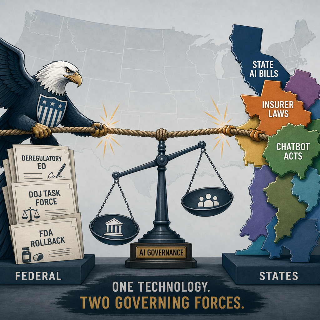 A tug-of-war between a federal eagle symbol and multiple state-shaped pieces, representing the federal-state tension over AI regulation in public health.