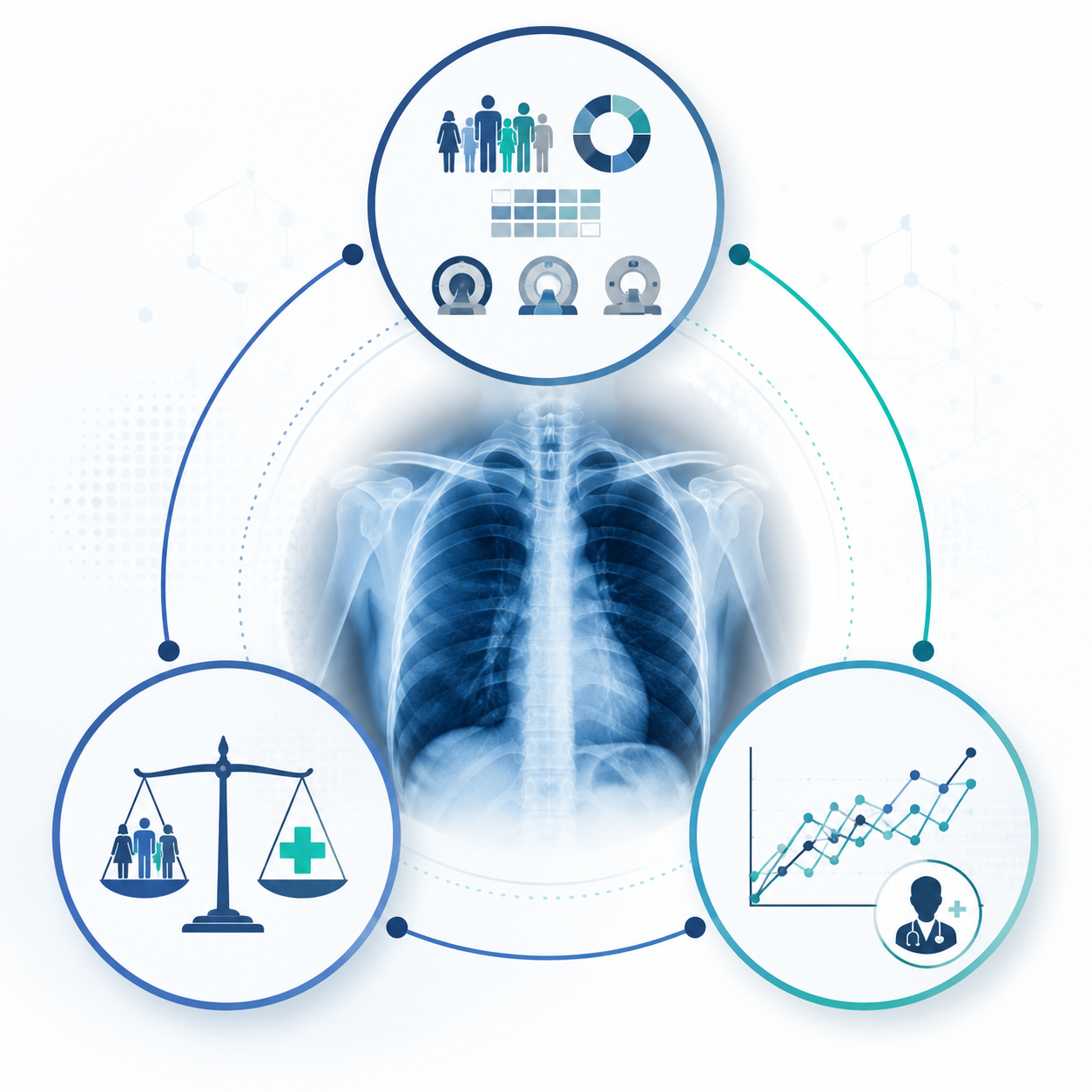 Conceptual illustration of a chest X-ray surrounded by dataset audit, model fairness assessment, and post-deployment monitoring nodes