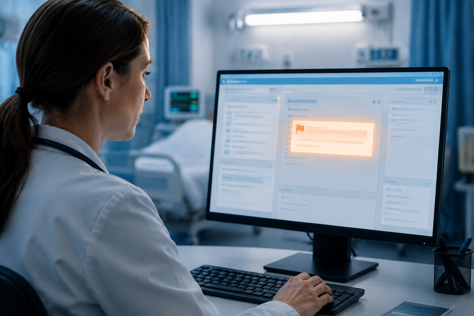 Hospital clinician reviewing an EHR screen with a clinical decision support alert