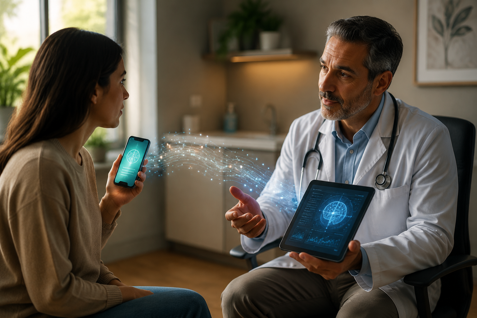 Patient showing an AI-generated health answer to a clinician who reviews and explains it