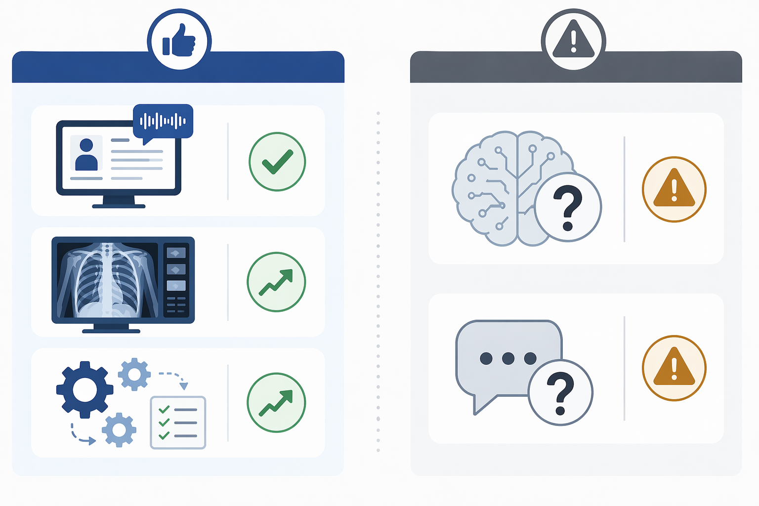 Comparison visual showing AI use cases that deliver and underdeliver in healthcare