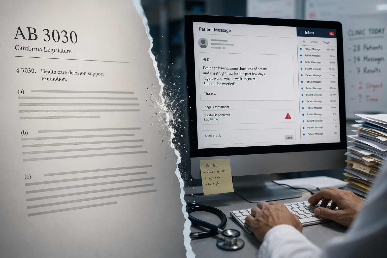 California regulatory document beside a physician reviewing patient portal messages with an unnoticed warning indicator