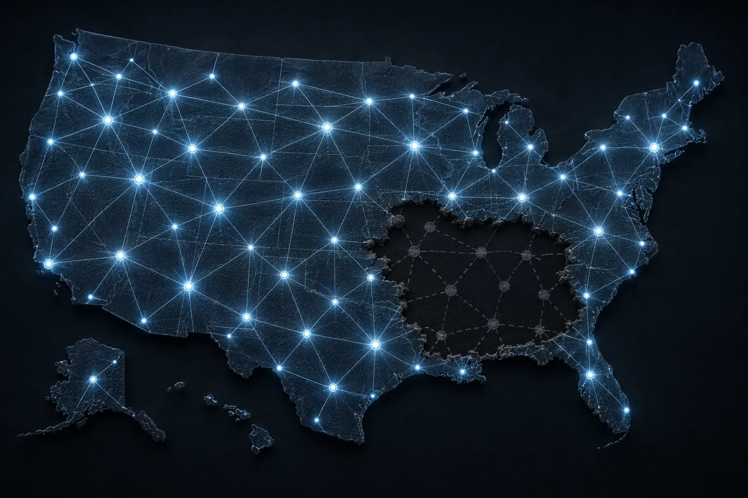 A United States surveillance network with one disconnected section representing a gap in active monitoring infrastructure