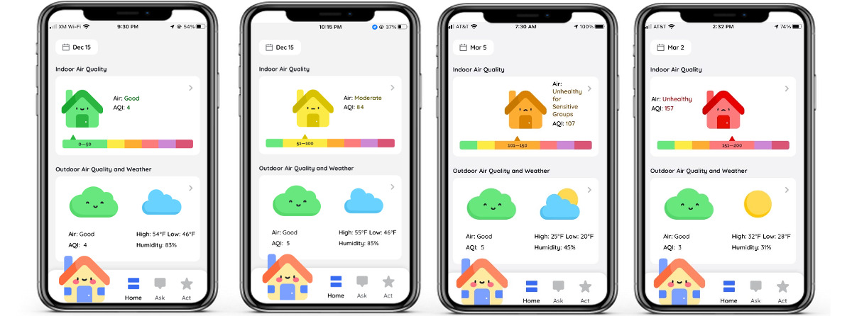 AirBuddy mobile app showing indoor air quality history with emoji indicators and color-coded readings