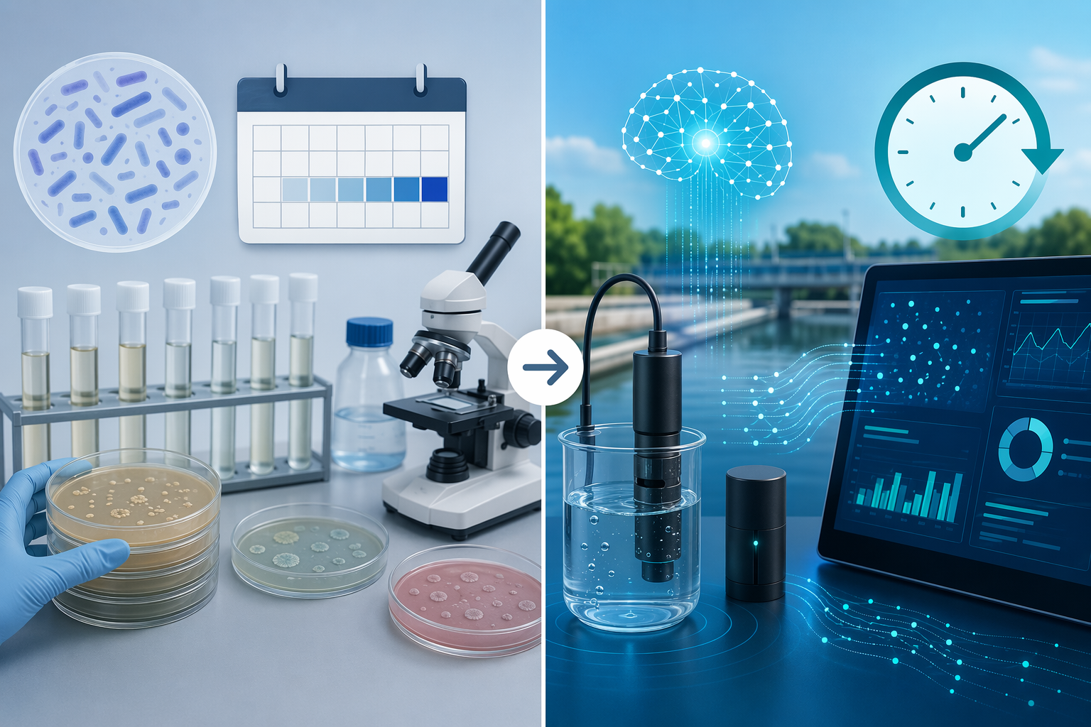 Traditional culture-based water testing contrasted with AI-assisted real-time bacterial detection