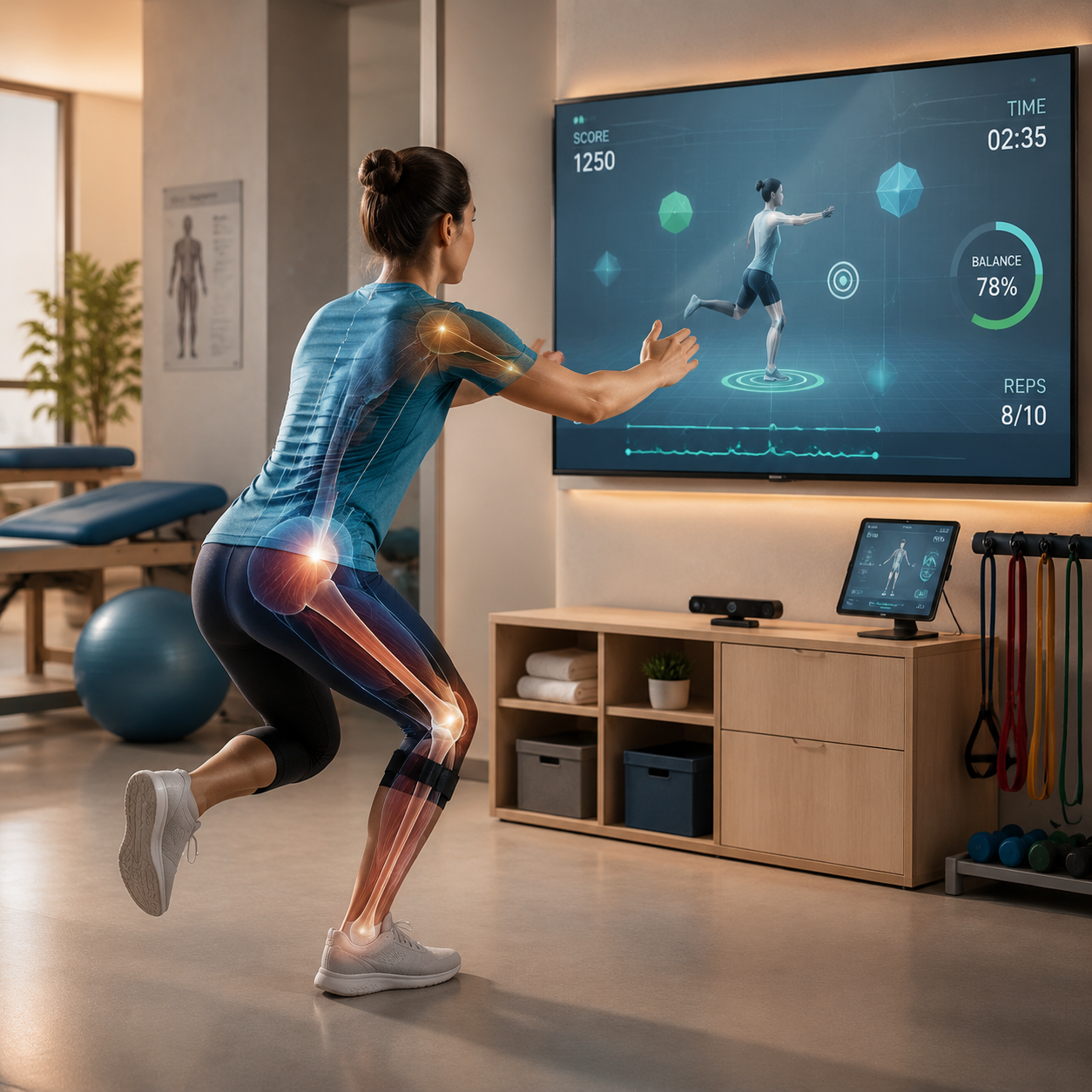 Person performing a rehabilitation movement with gamified exercise feedback on a digital screen