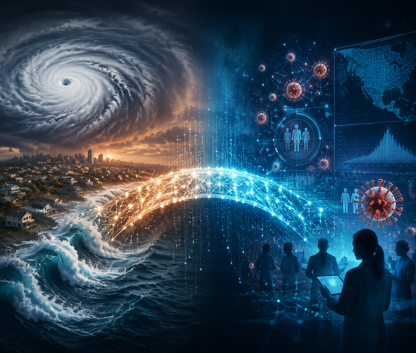 Stylized hurricane on the ocean connected by neural network patterns to health surveillance visuals and disease icons.