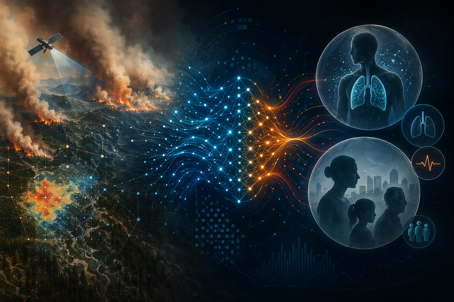 Editorial illustration linking wildfire smoke, neural network modeling, and human health outcome indicators