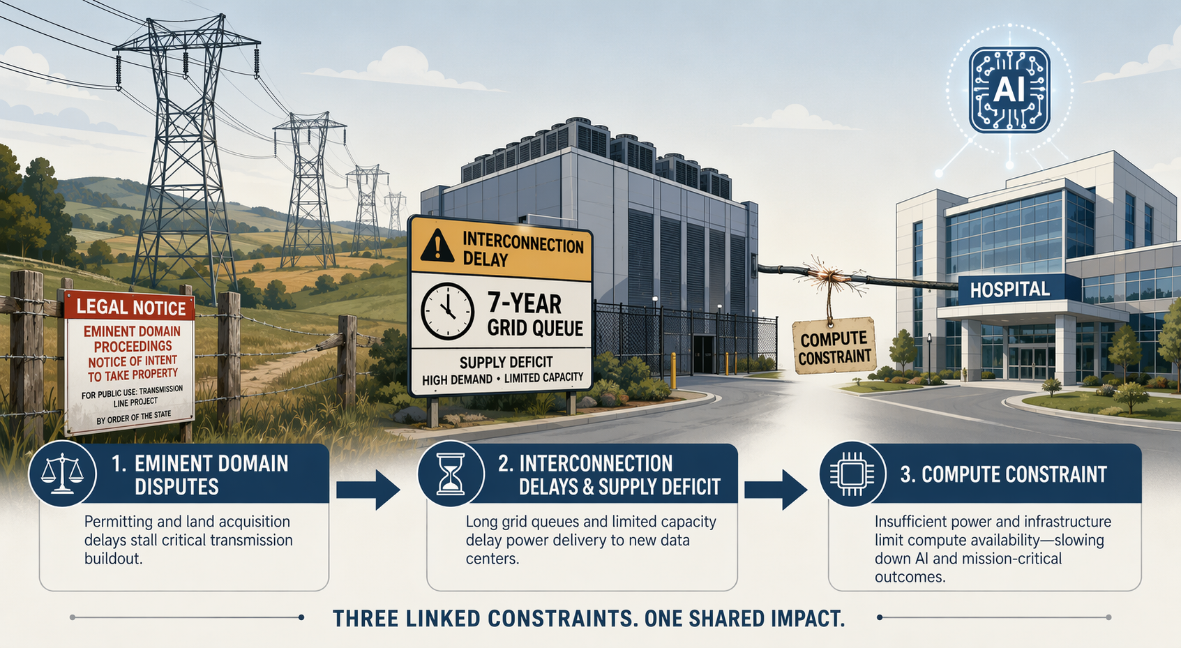 Illustration of transmission disputes, a seven-year grid queue, and a hospital compute constraint