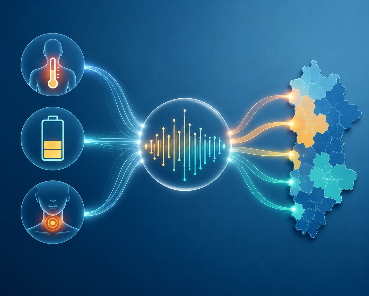Body temperature, fatigue, and sore throat features connected to a SHAP analysis node and surveillance map