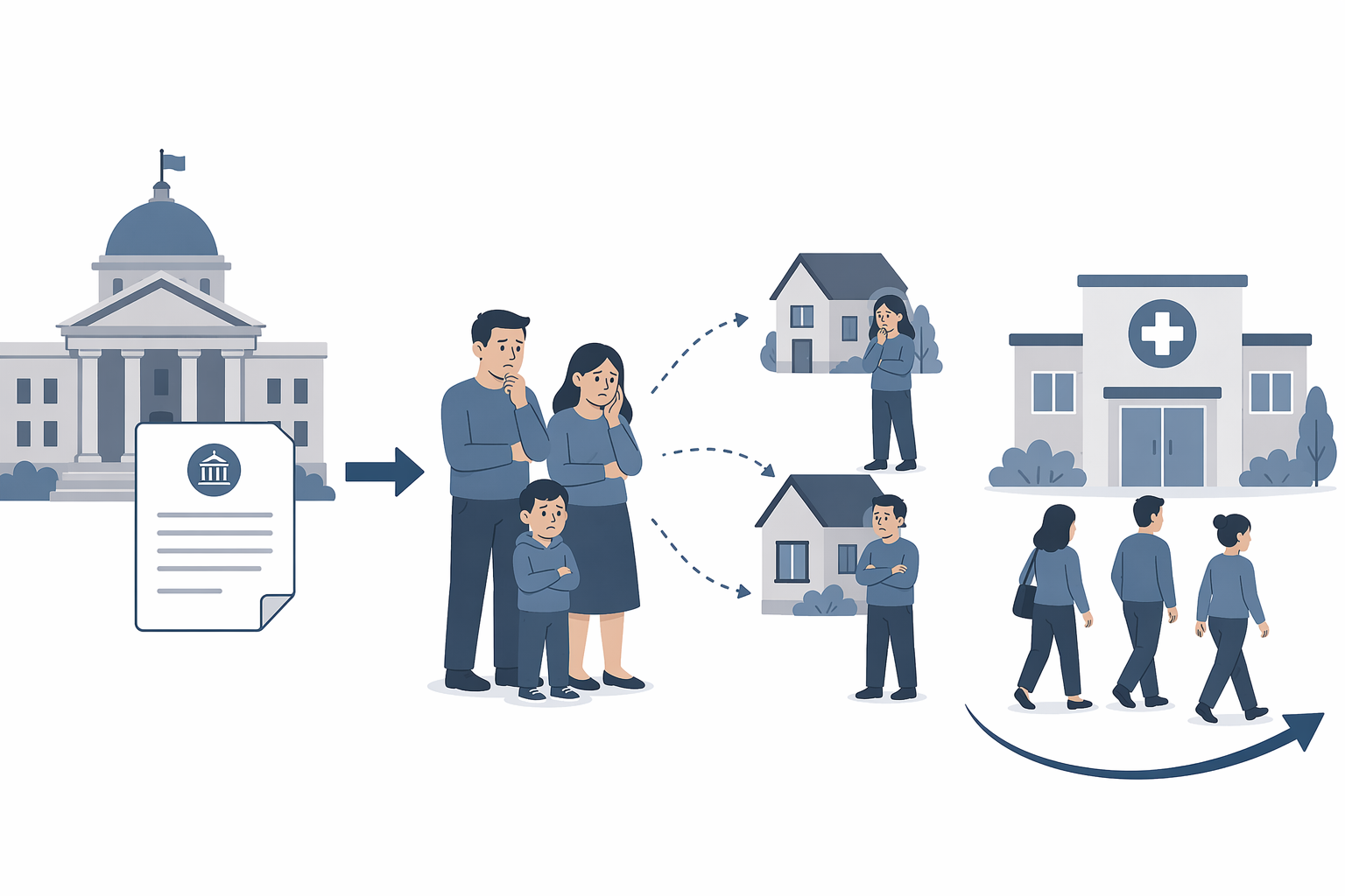 Editorial infographic showing a public charge chilling effect moving from a government document to worried families and away from a health clinic.
