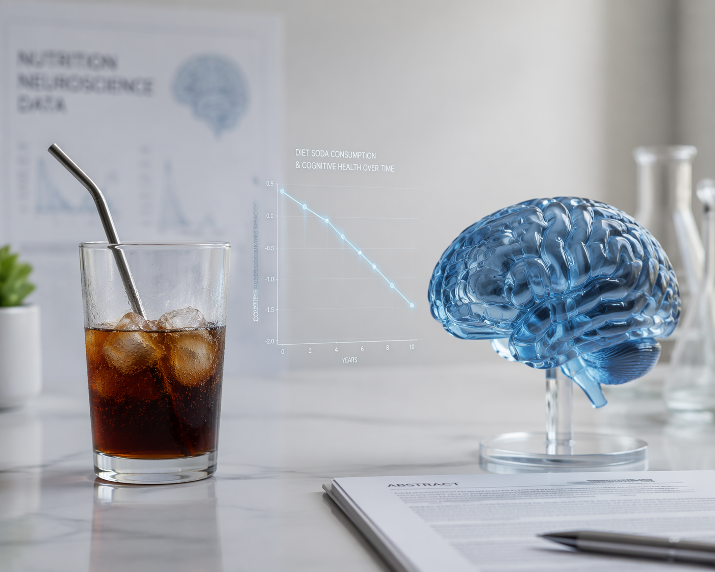 Diet soda beside a translucent brain model with a faint data trend line