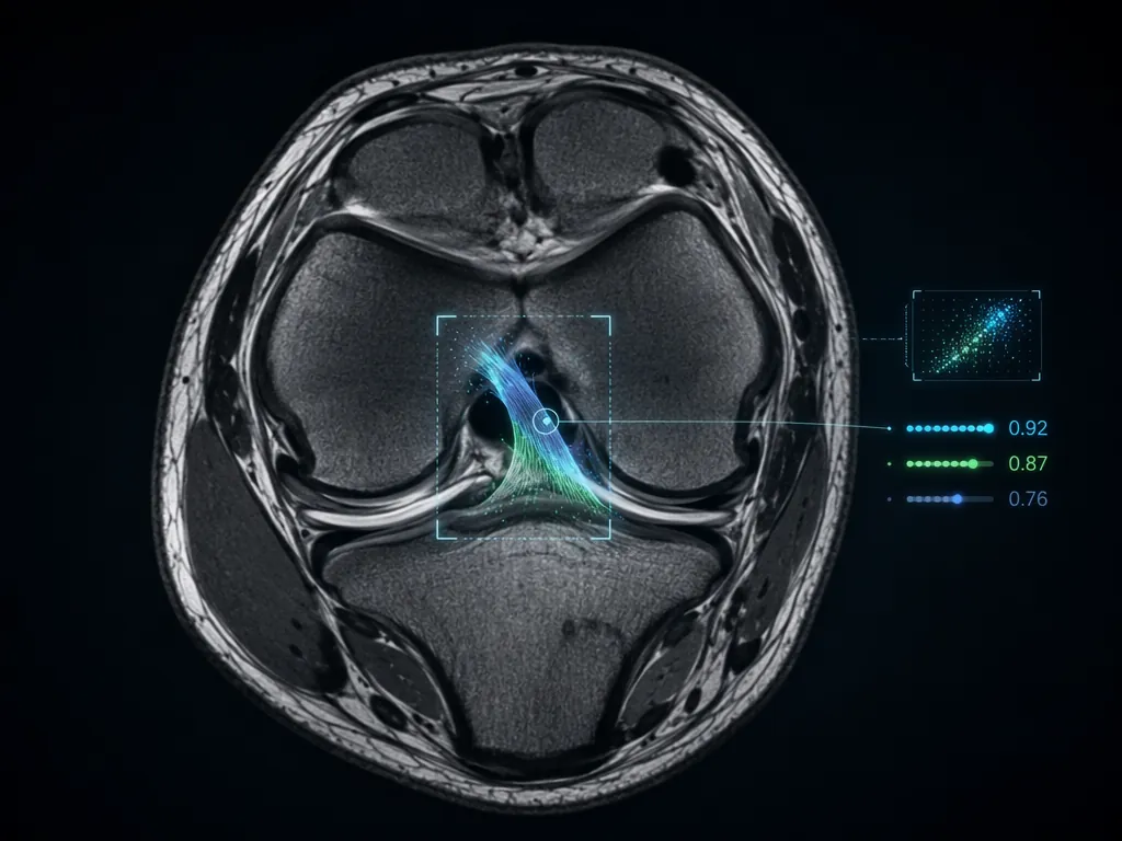 Knee MRI with highlighted ACL region and AI-style detection data points