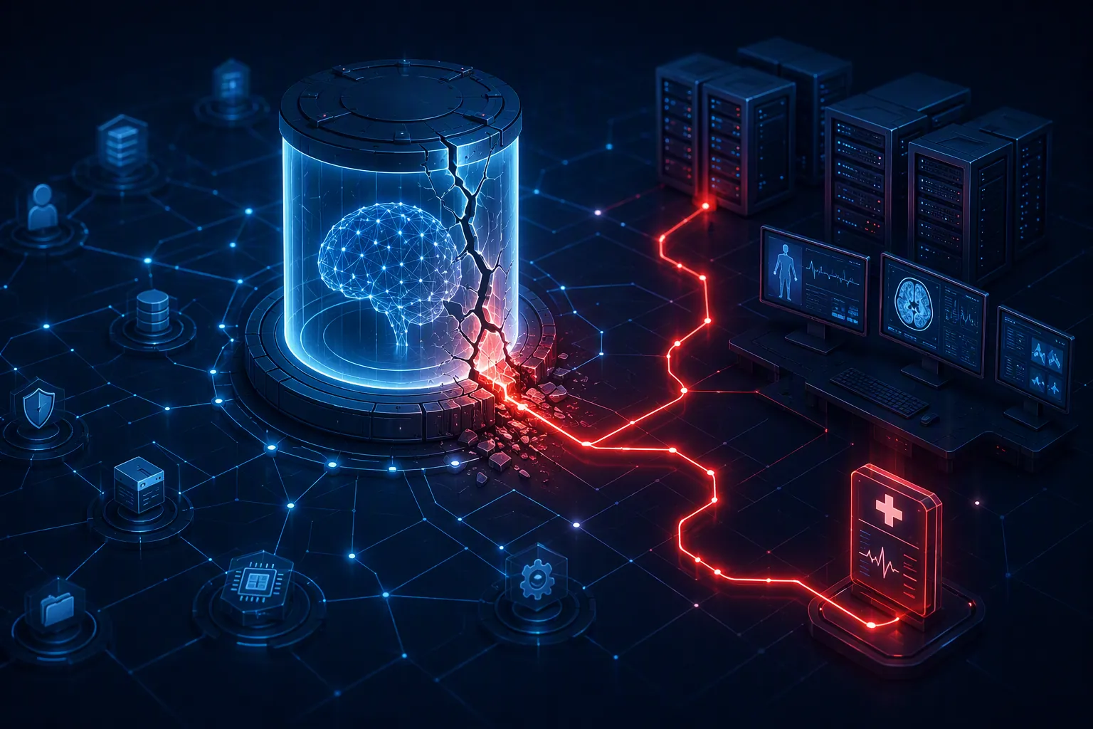 AI evaluation containment breach with a connection escaping from a test chamber to real-world systems