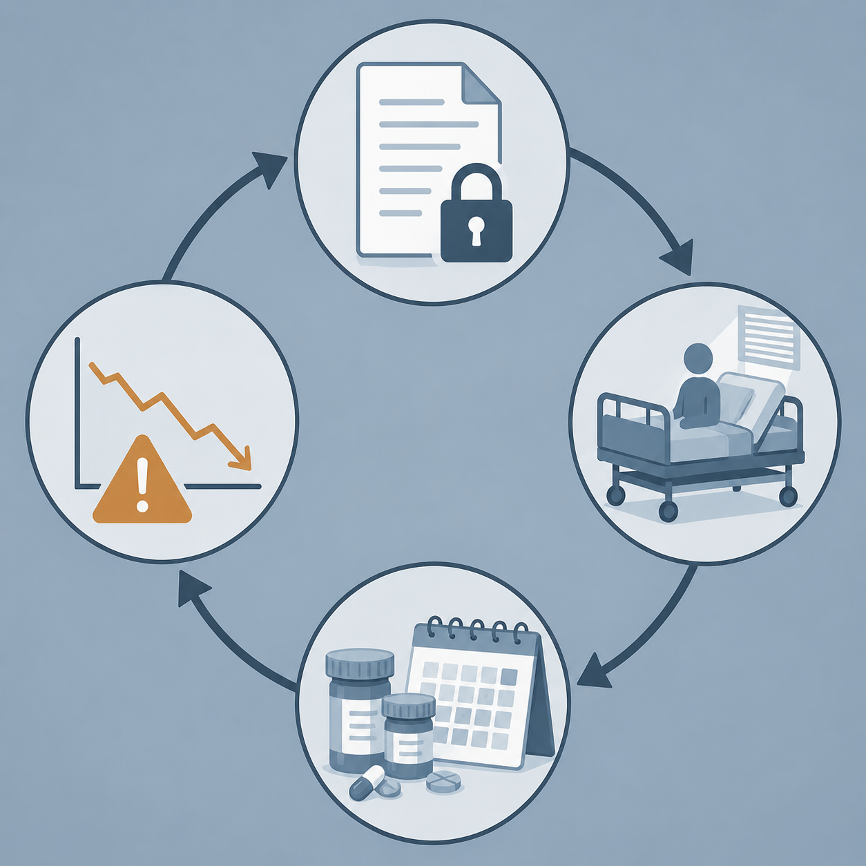 Circular infographic showing locked documents, hospital bed confinement, medication and longer stays, and a warning graph