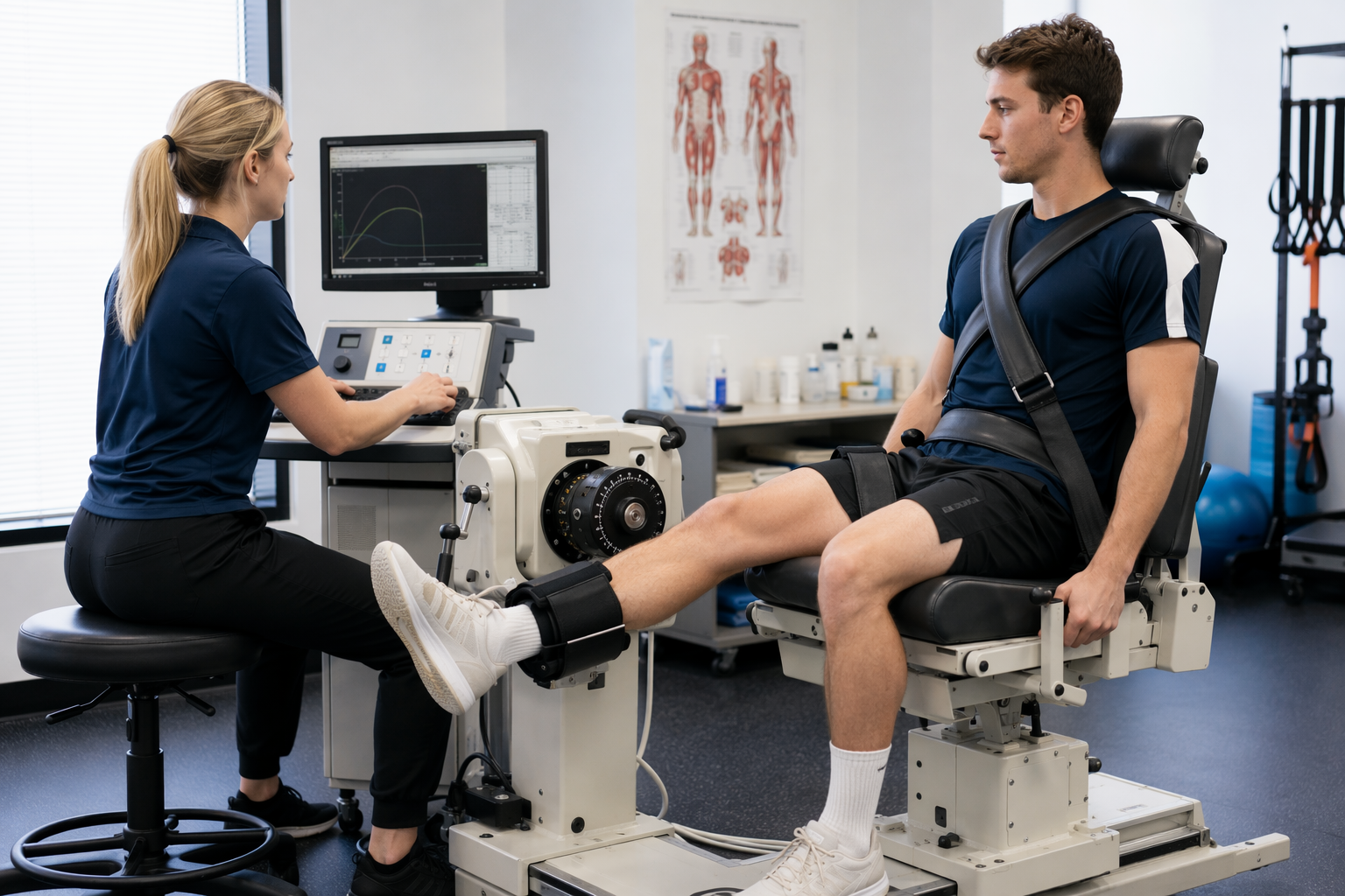 Athlete undergoing isokinetic knee extensor strength testing with a therapist monitoring the equipment