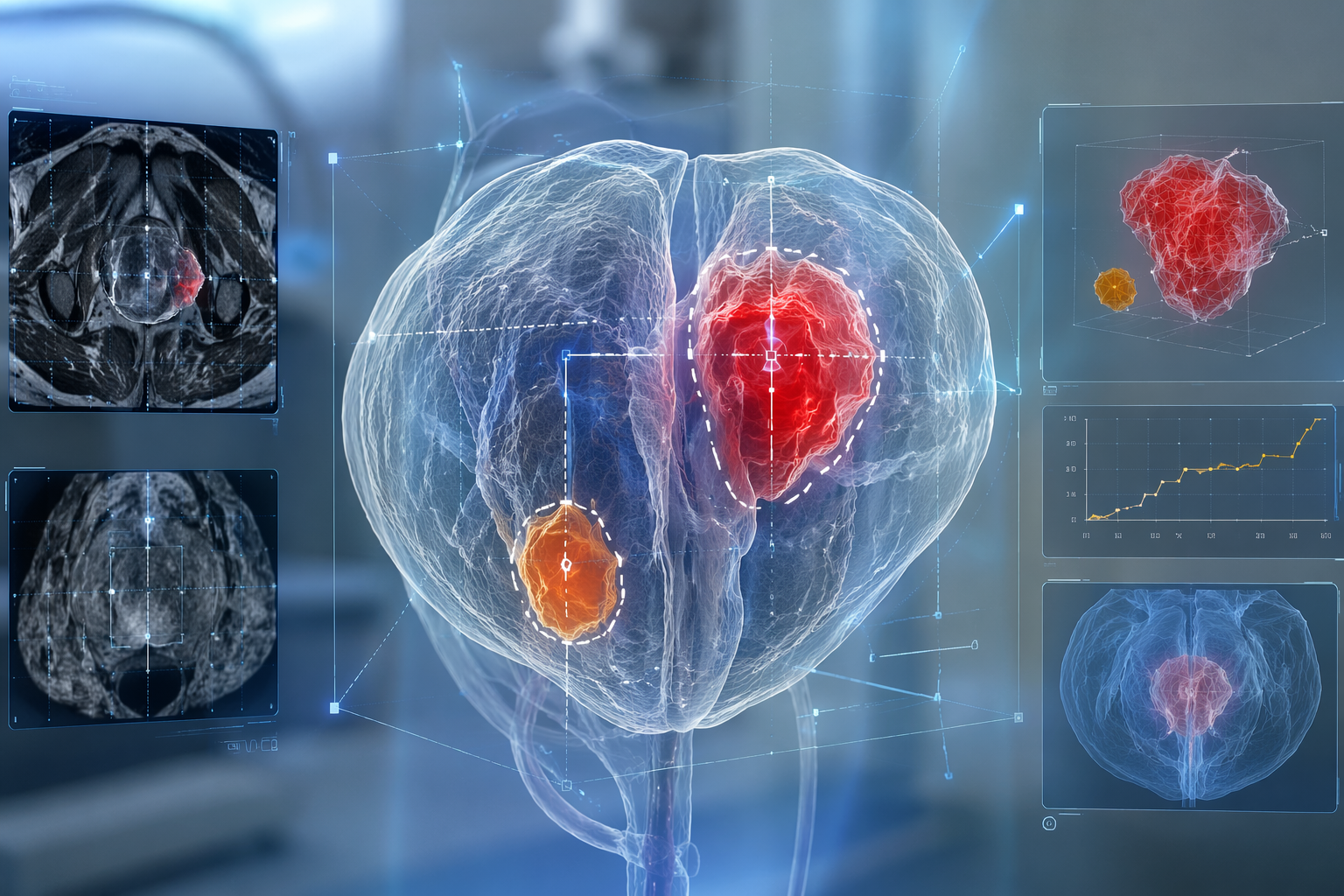 Translucent 3D prostate model with highlighted tumor regions and AI measurement overlays