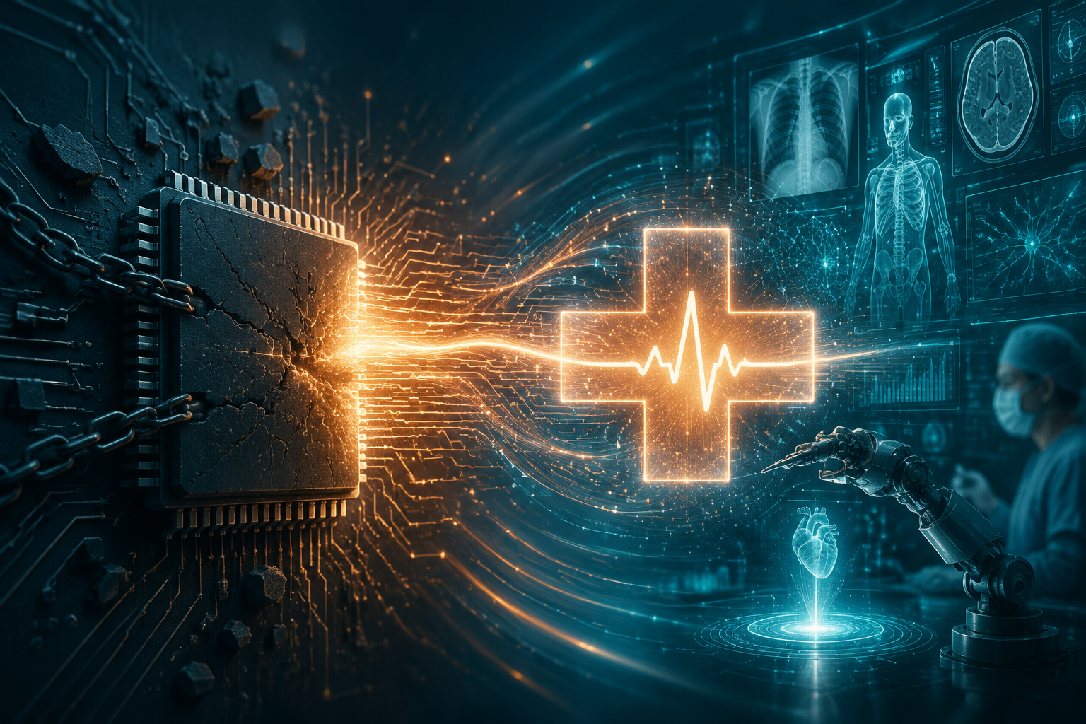 Semiconductor chip constraints transforming into a medical cross and heartbeat waveform