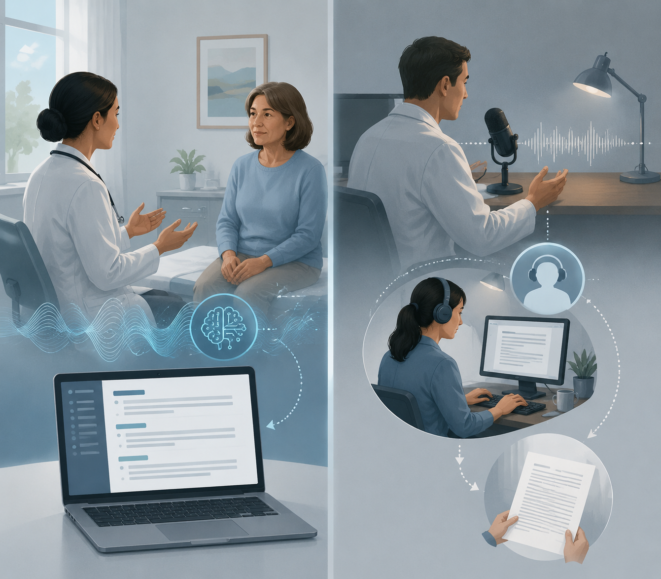 Side-by-side comparison of an AI scribe workflow and a traditional medical transcription workflow