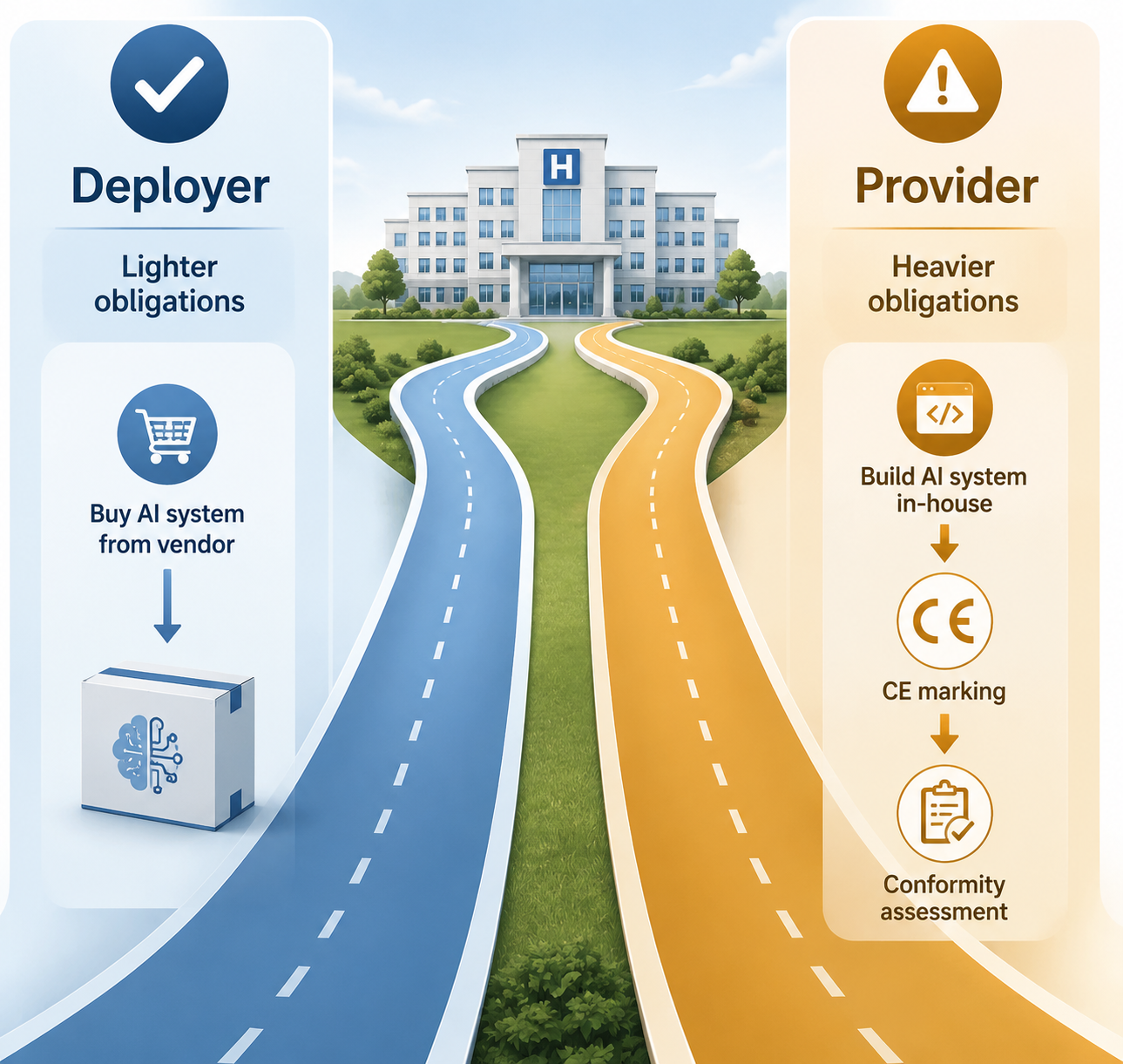 Comparison of a hospital buying vendor AI as a deployer and building its own AI as a provider with CE marking indicators