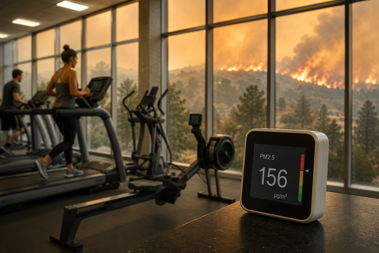 Modern gym with treadmills, visible smoky haze outside large windows, and an indoor PM2.5 monitor in the foreground