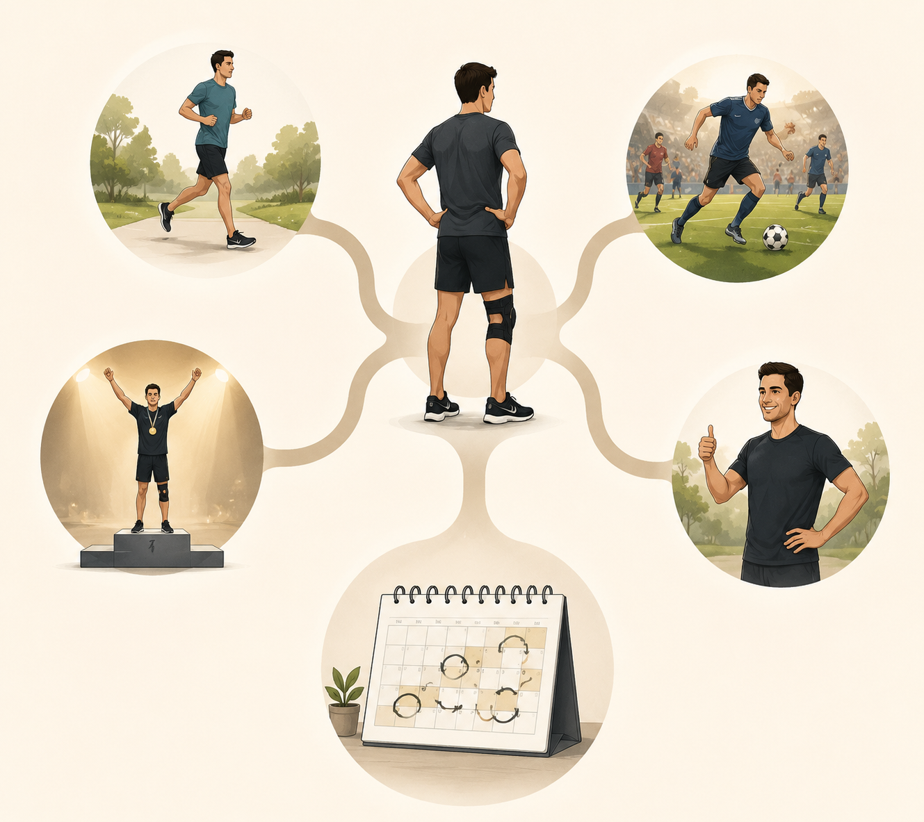 Injured athlete with a knee brace surrounded by different return-to-sport pathway definitions