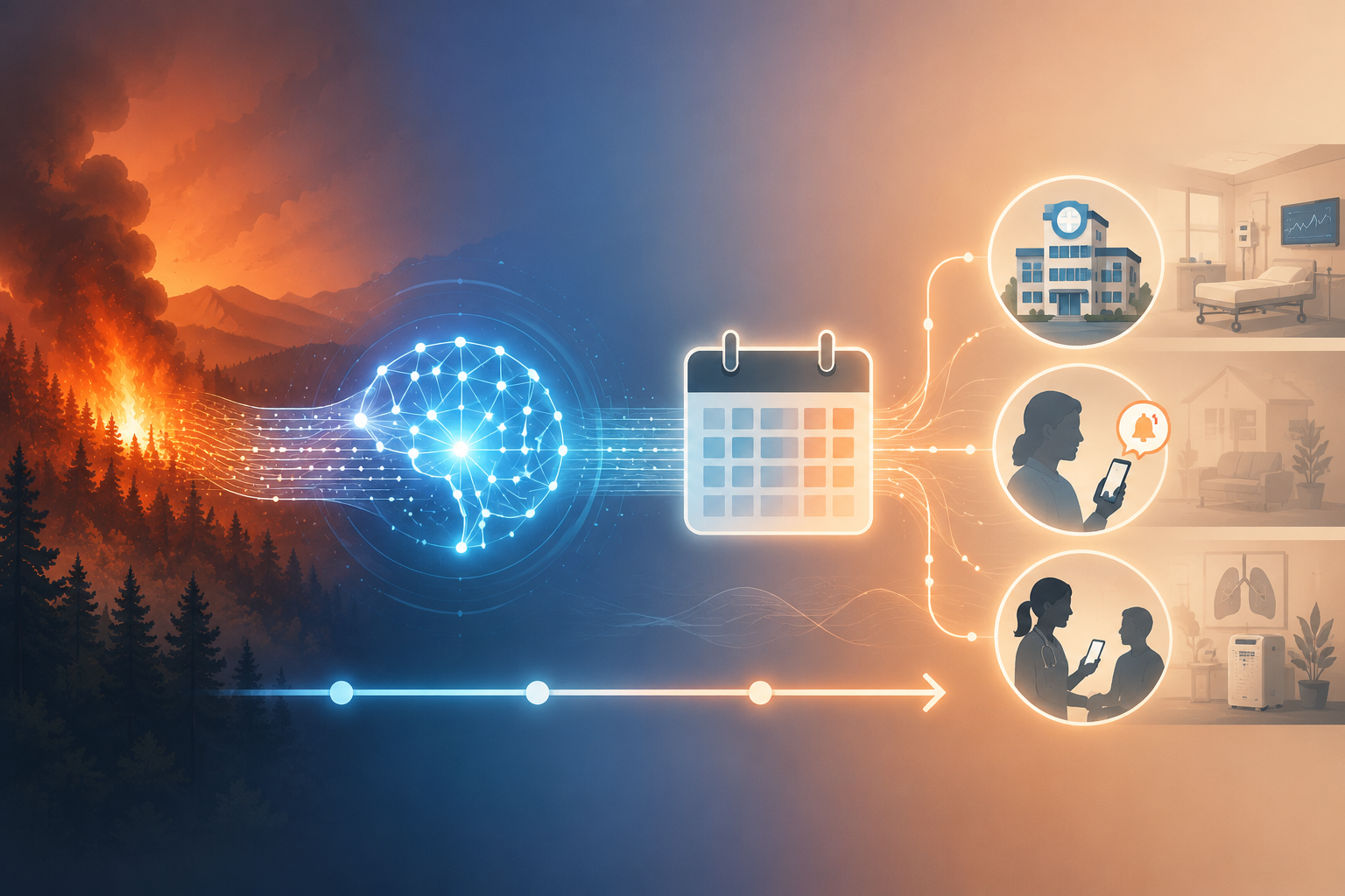 Workflow showing wildfire smoke moving through AI forecasting toward clinical surge planning and patient alerts