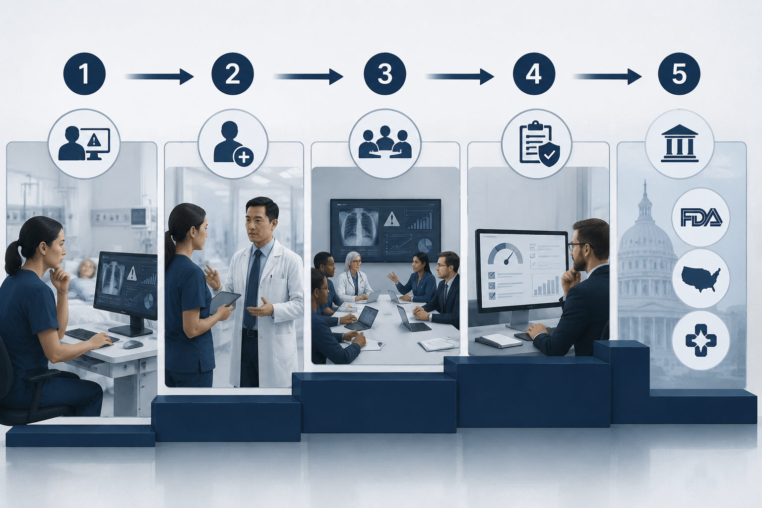 Five-stage clinical AI incident escalation flowchart from bedside recognition to external regulatory reporting