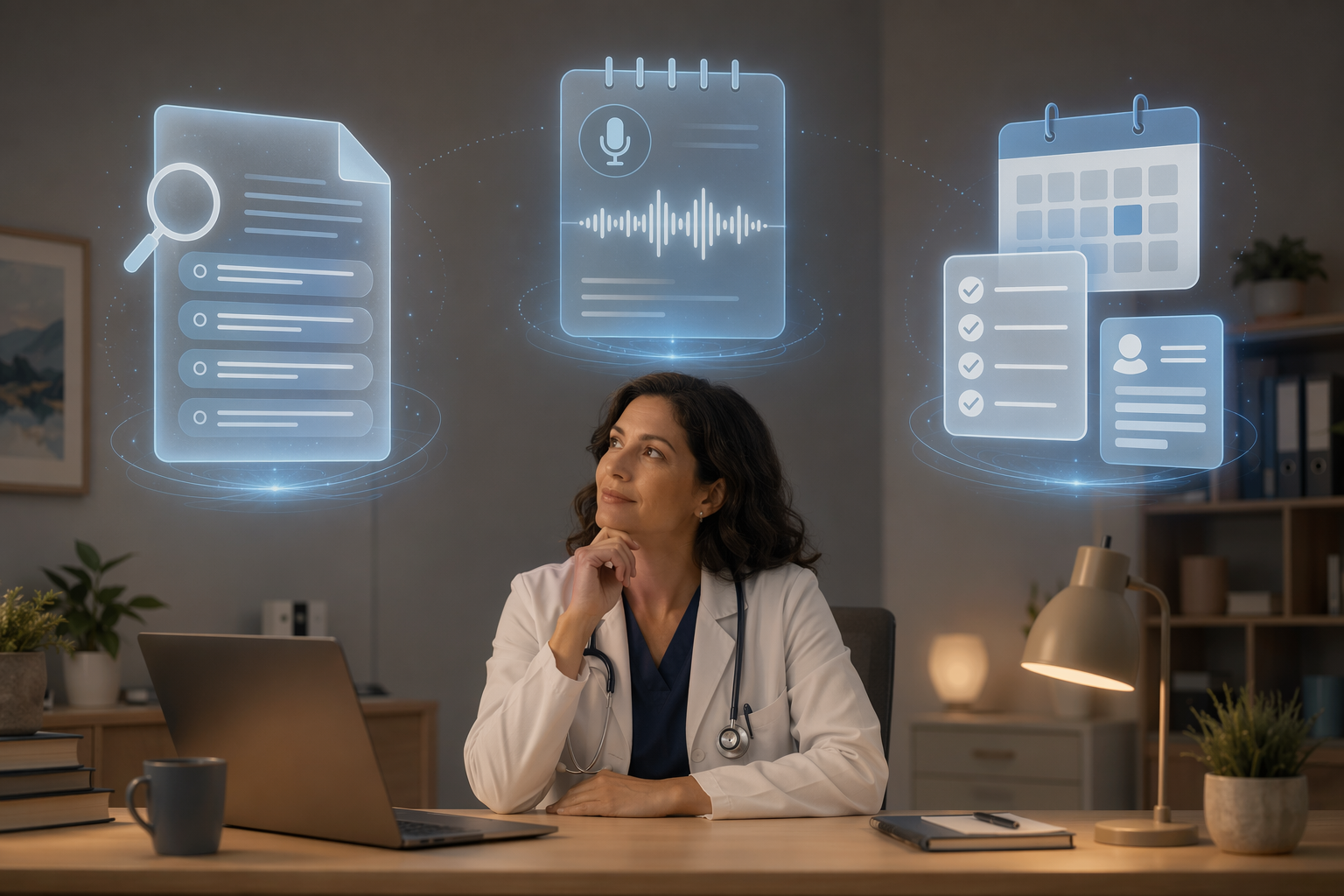 Physician at a clinic desk surrounded by visual zones for literature search, ambient documentation, and administrative workflow AI tools