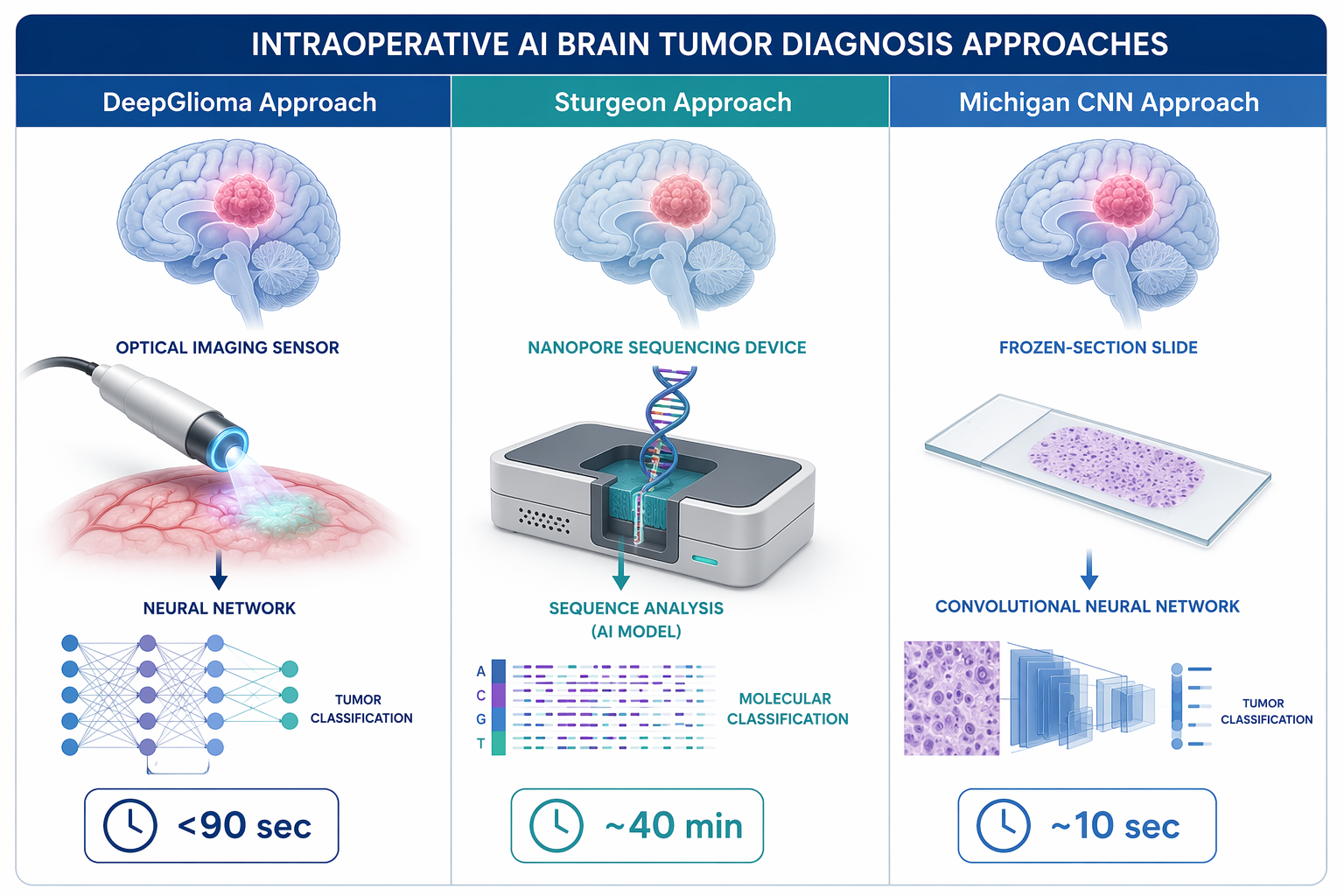 Comparison chart of DeepGlioma, Sturgeon, and Michigan CNN intraoperative brain tumor diagnosis approaches
