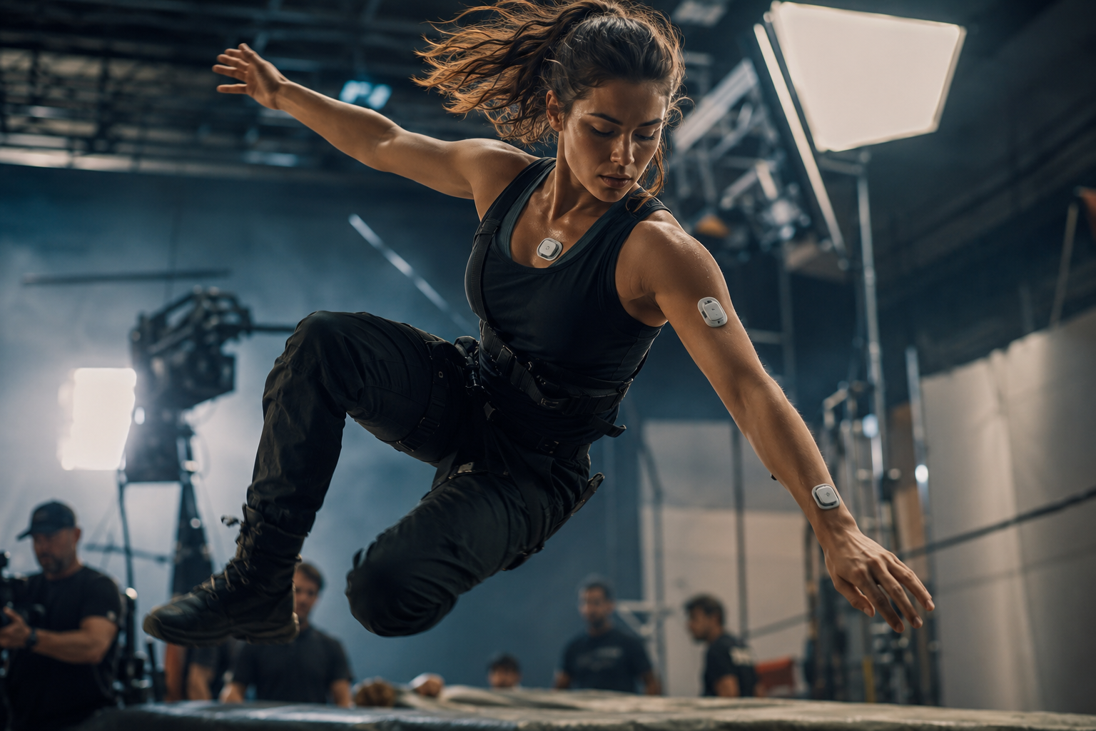 Stunt performer on a film set wearing subtle sensor patches during a demanding action setup