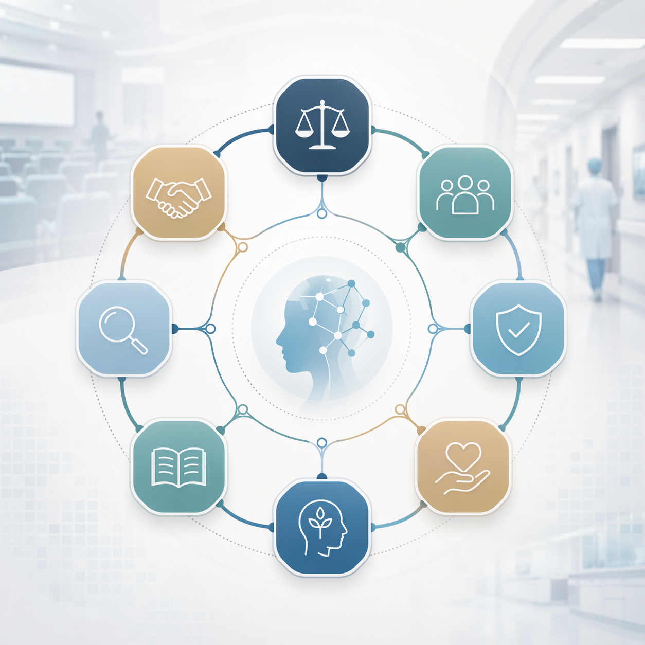 Eight interconnected geometric nodes representing an integrated AI ethics competency framework