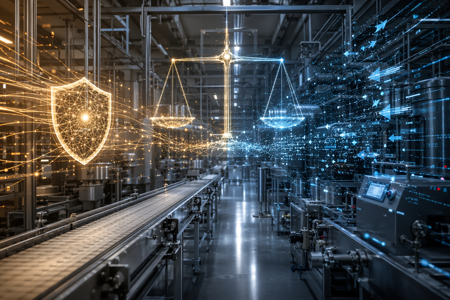 Food processing facility with digital defensive and intrusion patterns overlaid