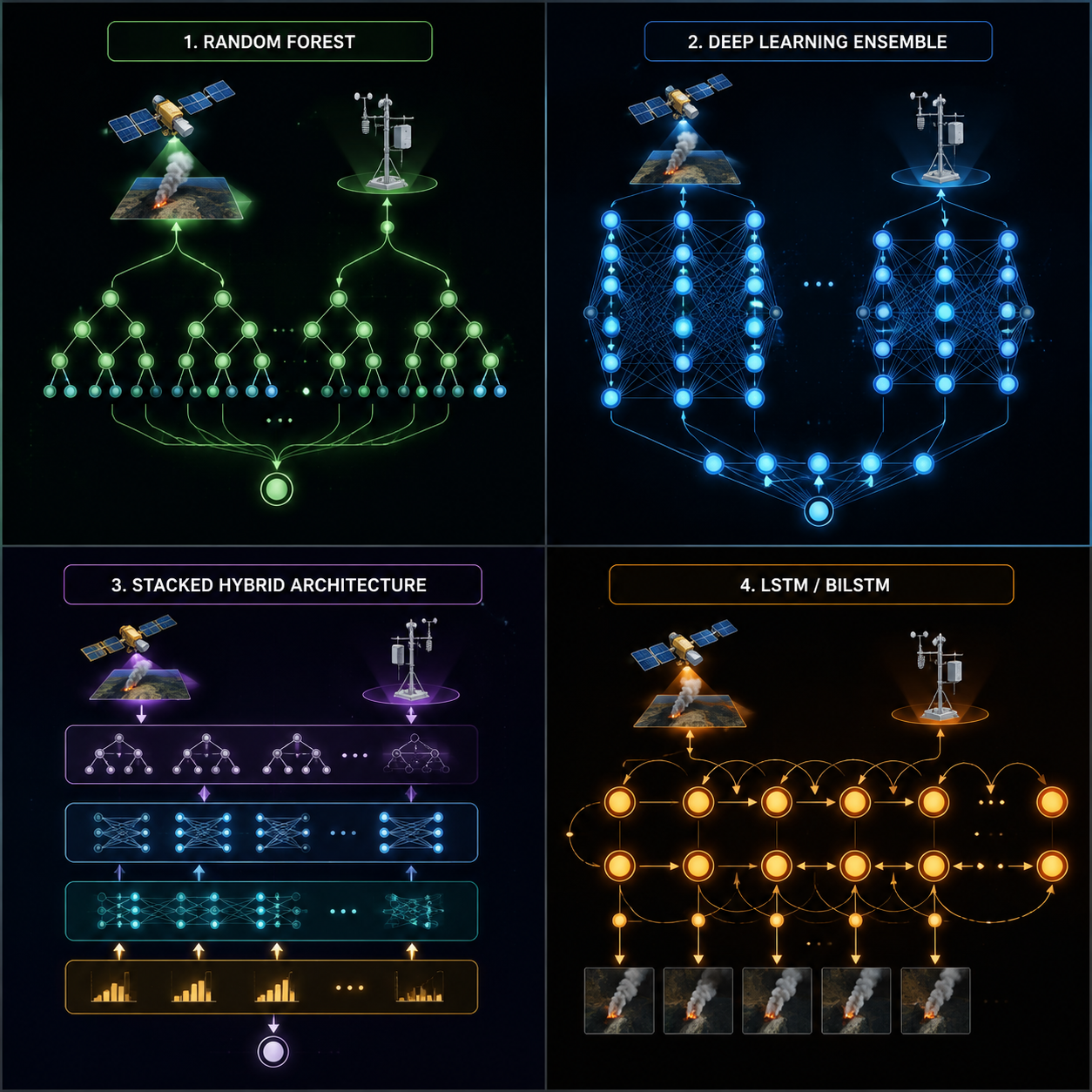 Four-panel comparison of random forest, deep learning ensemble, stacked hybrid, and recurrent neural network model architectures